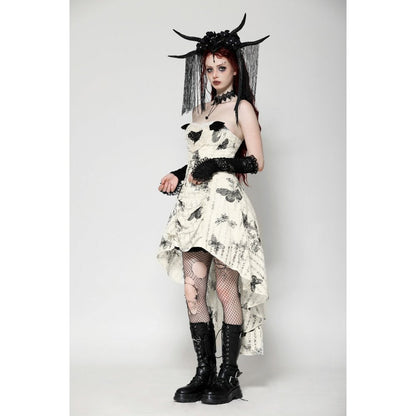 Dark in Love Zosia Punk Gothic Black Butterfly Embroidered Lace Beige Dress
