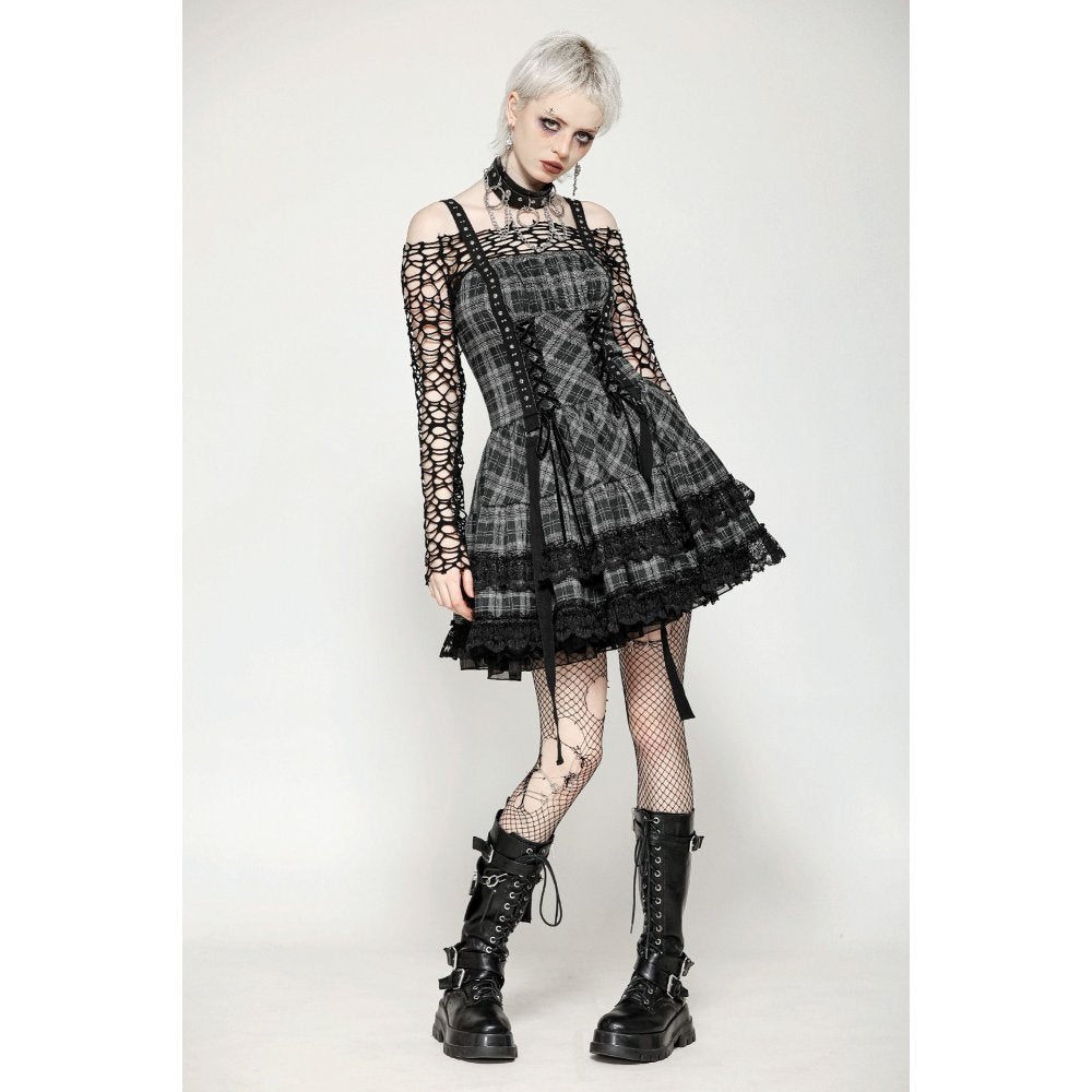 Dark in Love Ida Punk Grey Tartan Metal Studded Dress