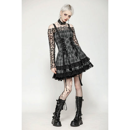 Dark in Love Ida Punk Grey Tartan Metal Studded Dress