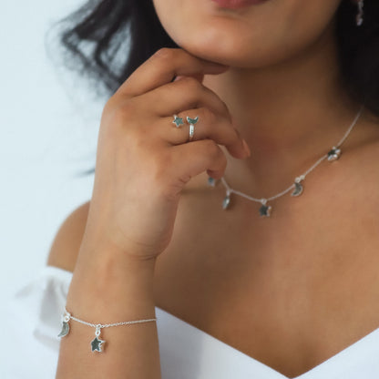 Amelia Aventurine Star & Moon Charm Bracelet | 925 Sterling Silver