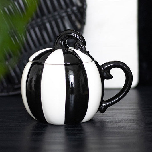 Black and White Striped Pumpkin Lidded Mug Sold by Funny Store