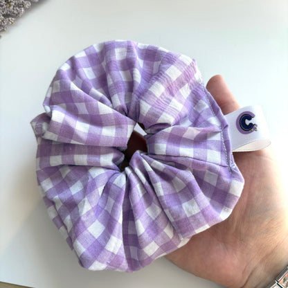 Cool purple and white gingham large hair scrunchie