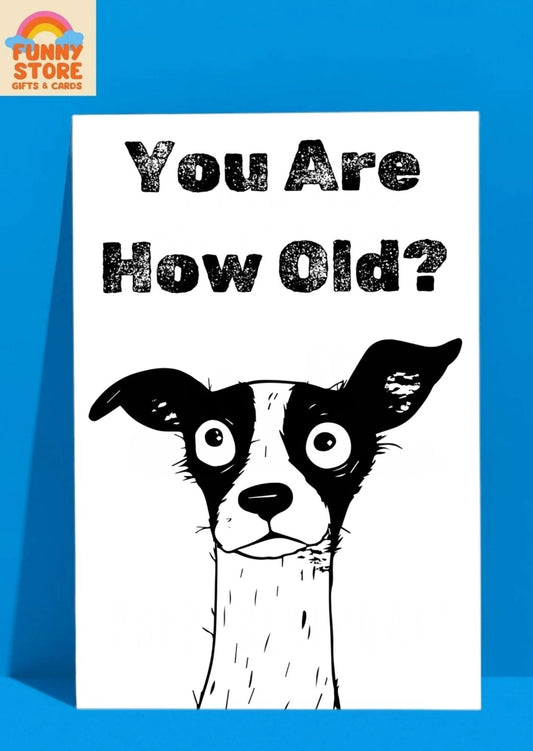 Bug-Eyed Dog "You Are How Old?" Birthday Card Sold by Funny Store