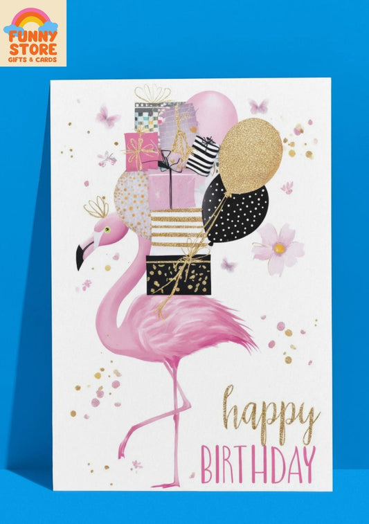 Elegant Flamingo & Gold Birthday Card Sold by Funny Store
