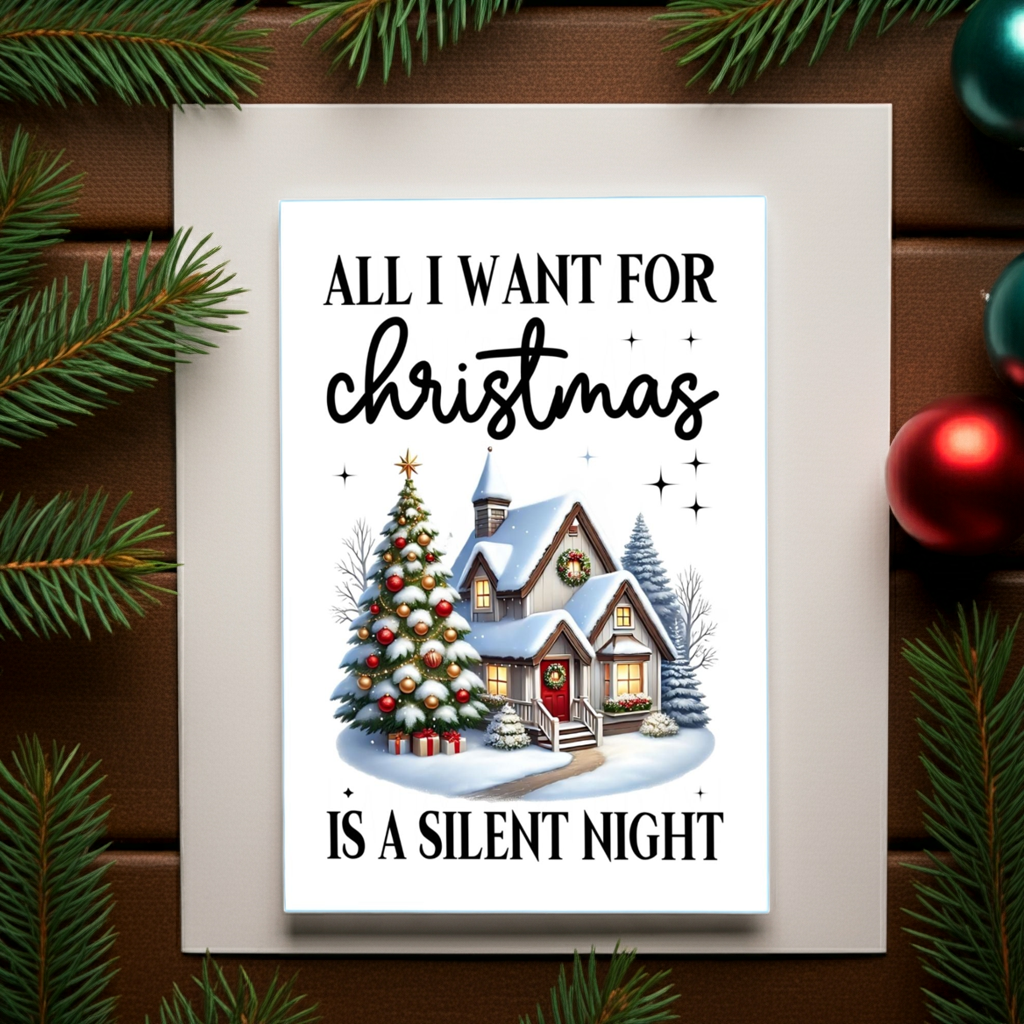 "All I Want for Christmas is a Silent Night" Humorous House A6 Christmas Card