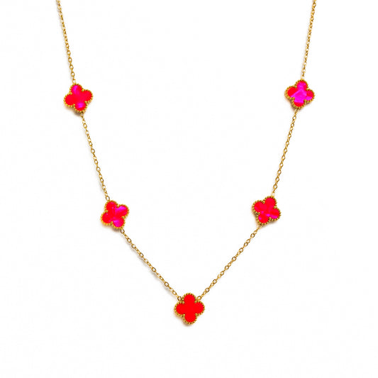 Gold Pearl Clover Necklace (Pink)