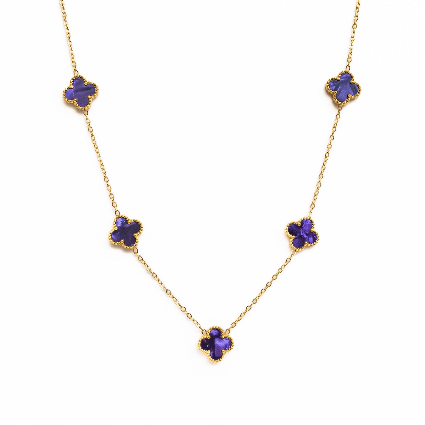 Gold Pearl Clover Necklace (Purple)