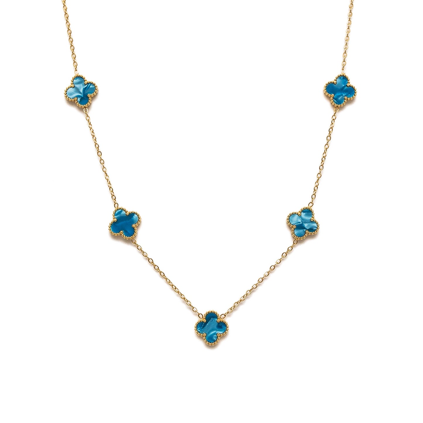 Gold Pearl Clover Necklace (Blue)