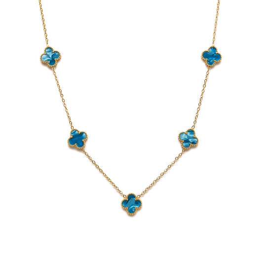 Gold Pearl Clover Necklace (Blue)