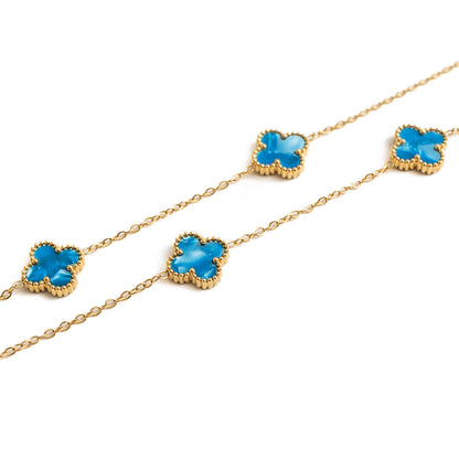 Gold Pearl Clover Necklace (Blue)