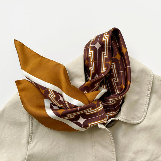 Retro Geometric Silk Square Scarf - 65cm Double-Sided Print Men's Neckerchief with Hand-Rolled Edges