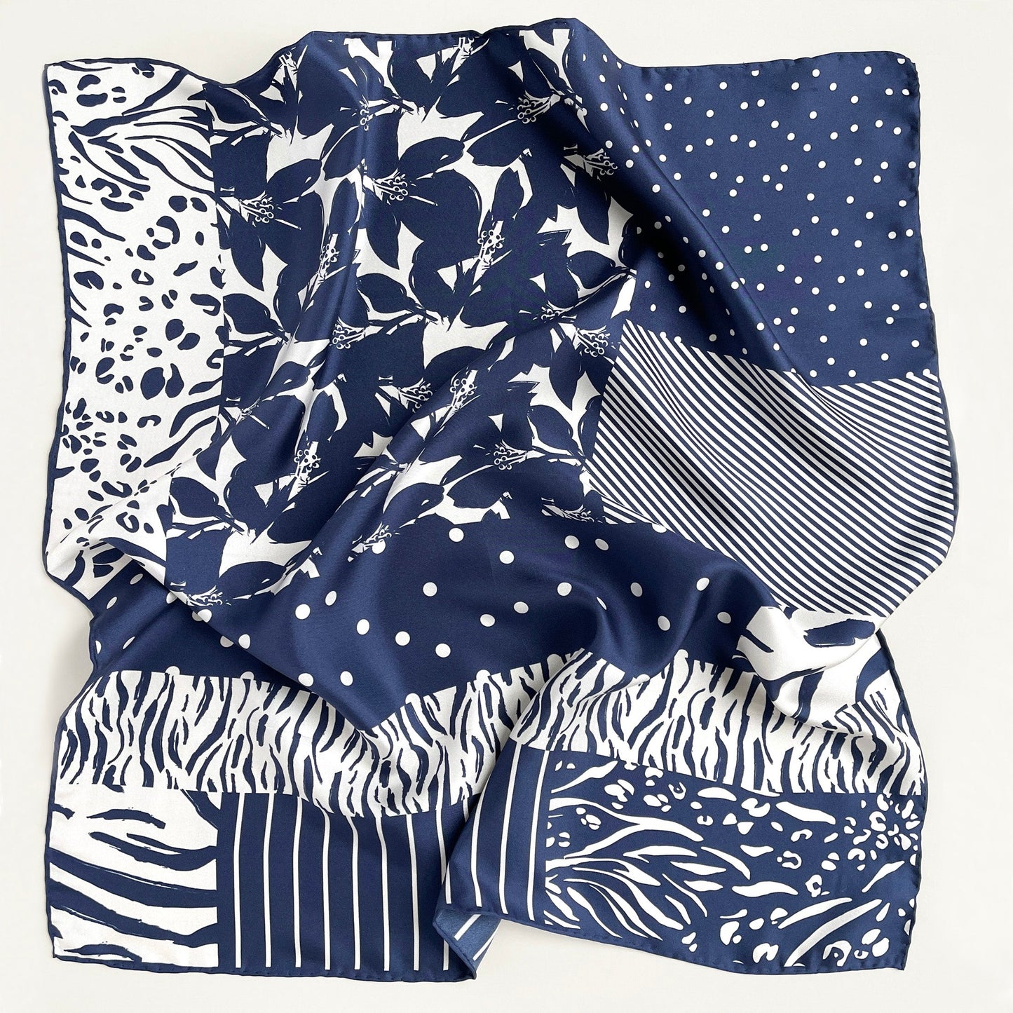 Navy Patchwork Print Silk Square Scarf Bandana – 65cm for Women