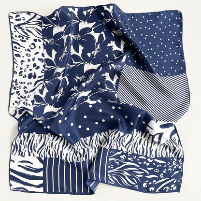 Navy Patchwork Print Silk Square Scarf Bandana – 65cm for Women