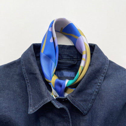 Blue Abstract Lotus Silk Square Scarf - 65cm Double-Sided Print Unisex Bandana Scarf with Hand-rolled Edges