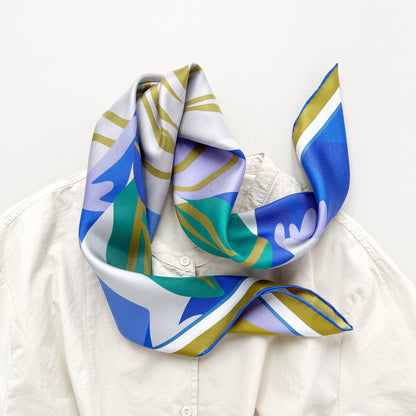 Blue Abstract Lotus Silk Square Scarf - 65cm Double-Sided Print Unisex Bandana Scarf with Hand-rolled Edges