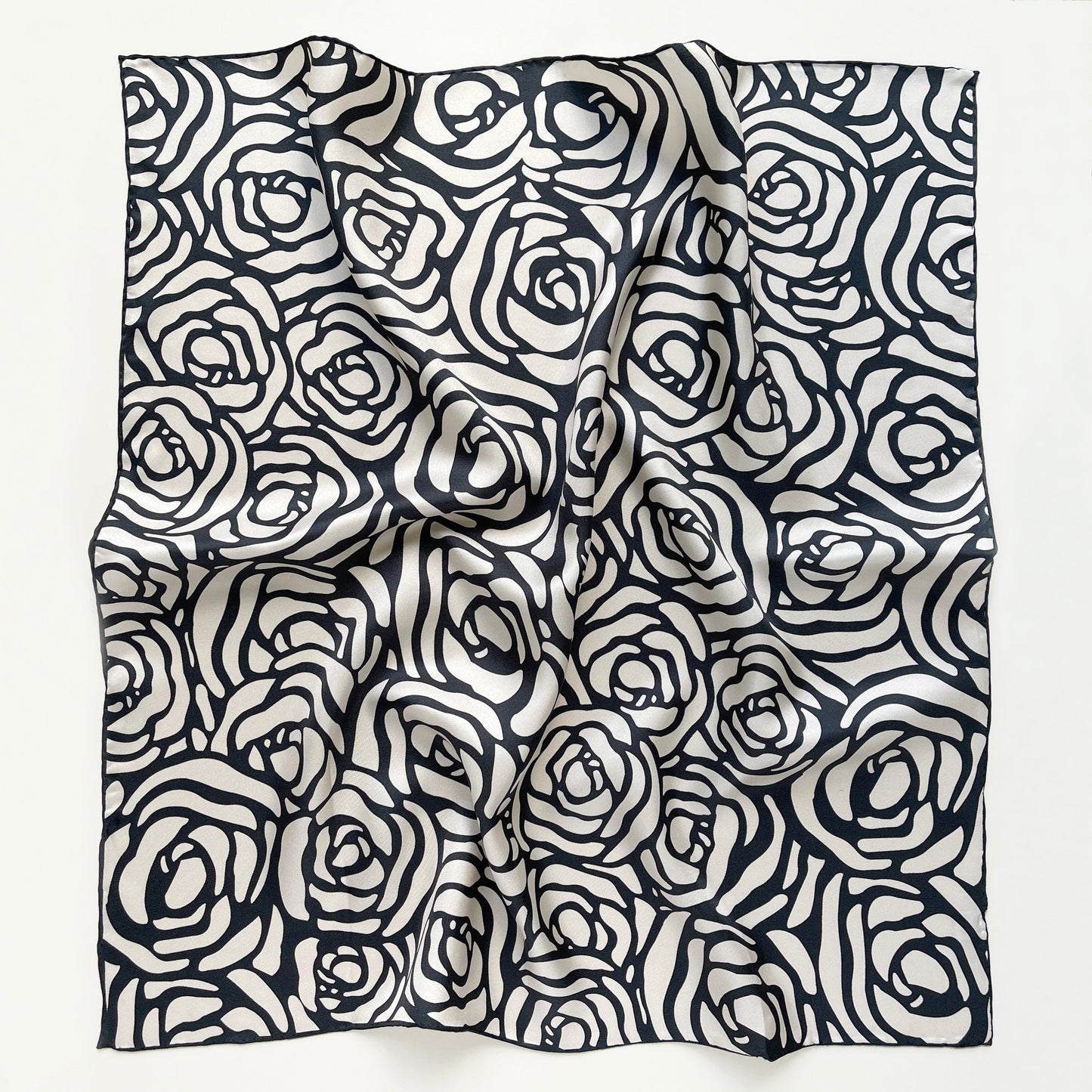 Charcoal Black Abstract Rose Silk Scarf - 65cm Women's Bandana Square with Hand-Rolled Edges