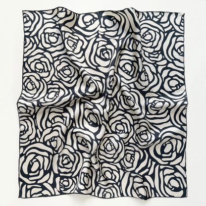 Charcoal Black Abstract Rose Silk Scarf - 65cm Women's Bandana Square with Hand-Rolled Edges