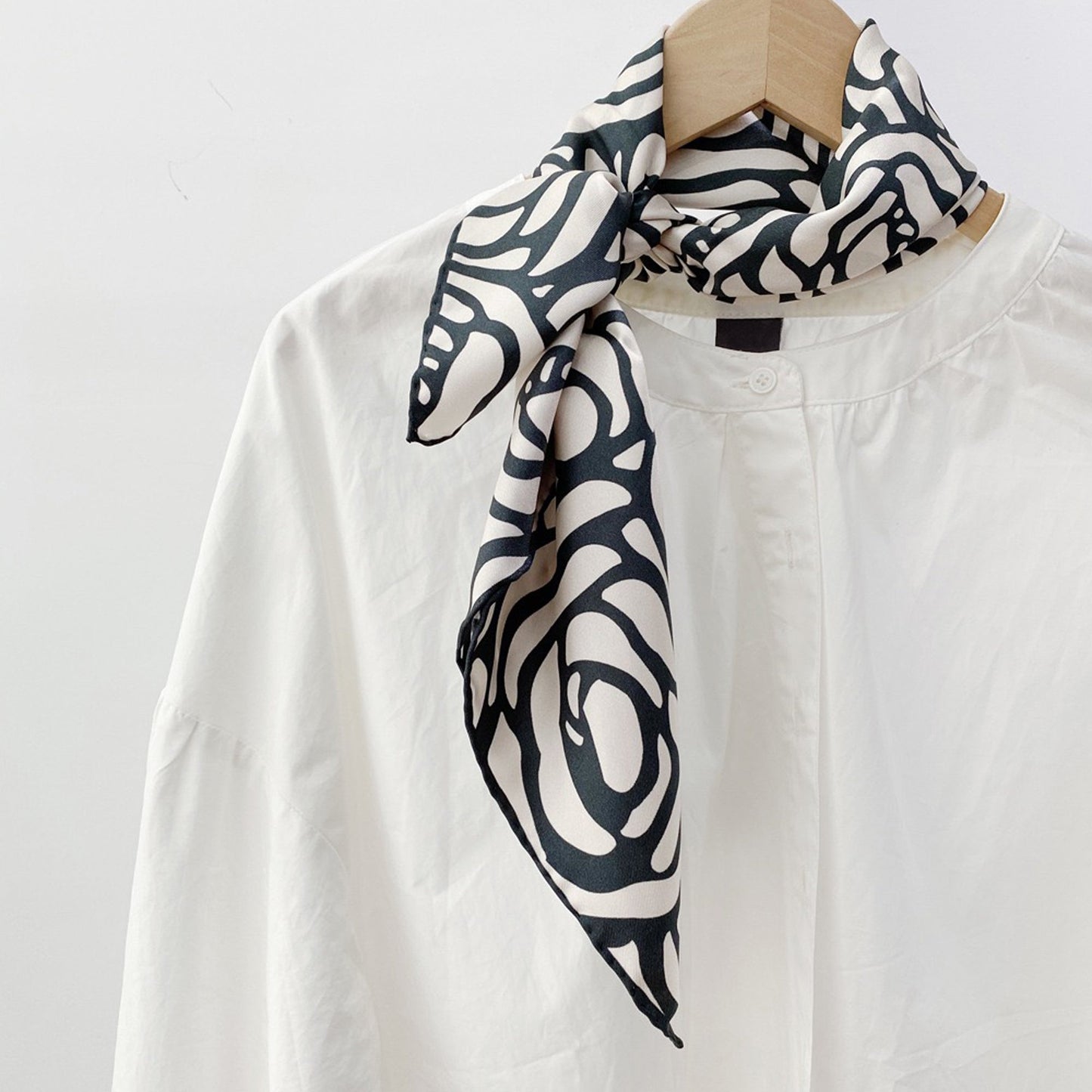 Charcoal Black Abstract Rose Silk Scarf - 65cm Women's Bandana Square with Hand-Rolled Edges
