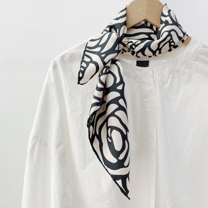 Charcoal Black Abstract Rose Silk Scarf - 65cm Women's Bandana Square with Hand-Rolled Edges