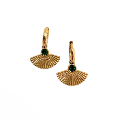 Hanaa Luxe 18k Gold Plated Green Jewel Fan Huggie Hoops