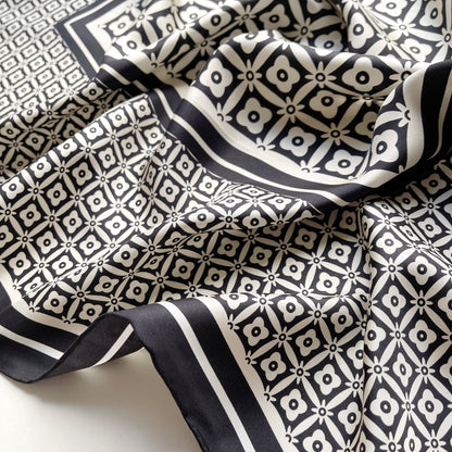 Monochrome Bloom Silk Square Scarf - 90cm Women's Head Scarf