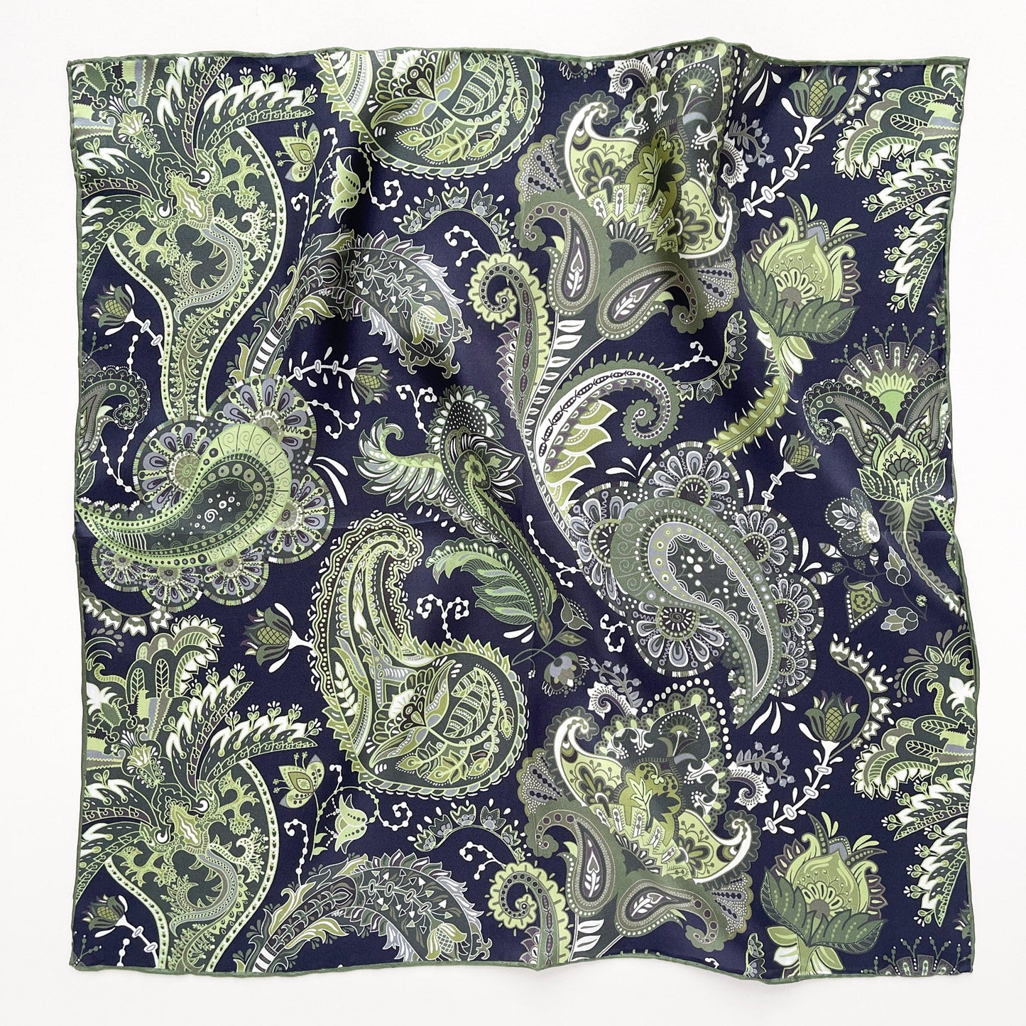 Forest Green Paisley Silk Scarf - 53cm Double-Sided Print Unisex Bandana with Hand-rolled Edges