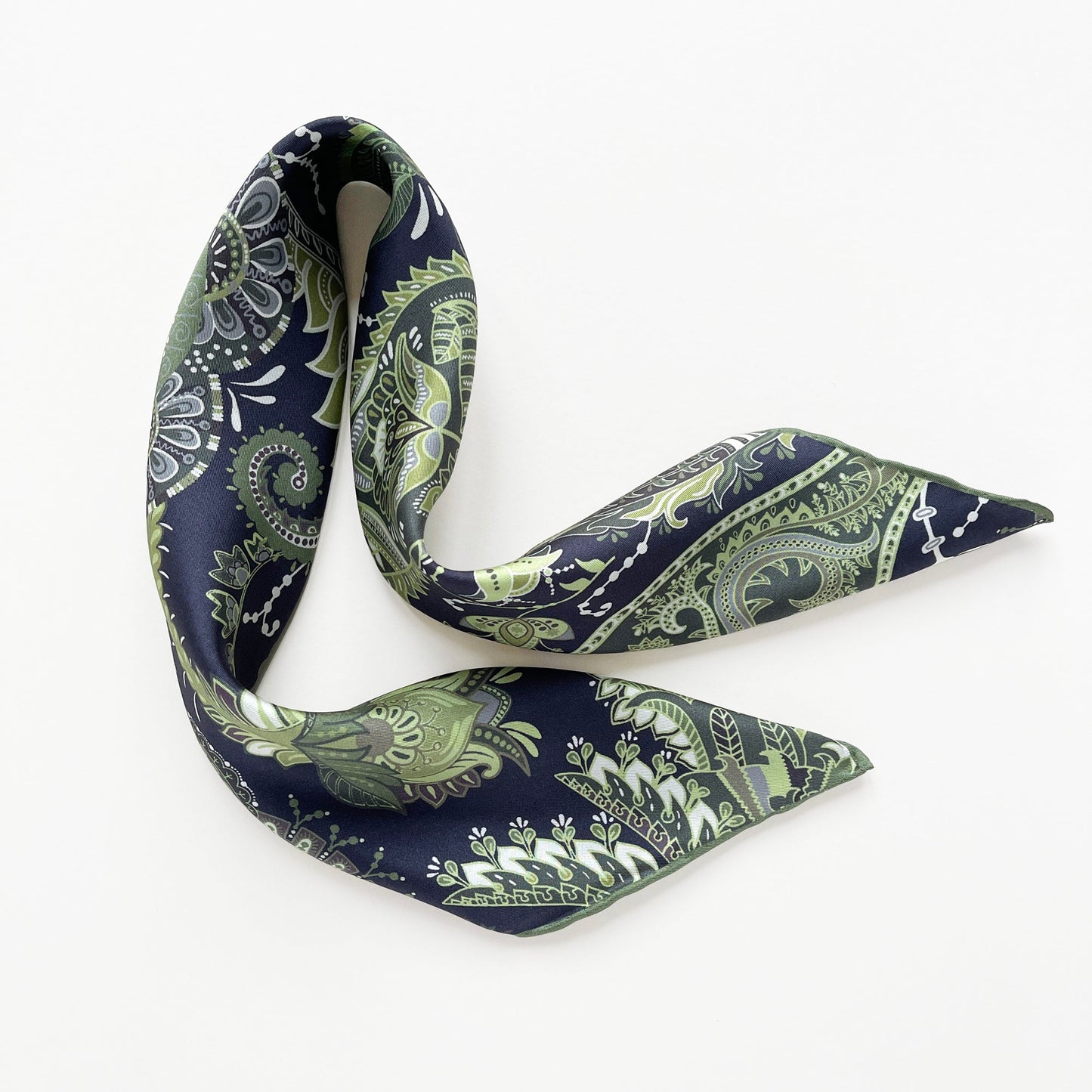 Forest Green Paisley Silk Scarf - 53cm Double-Sided Print Unisex Bandana with Hand-rolled Edges