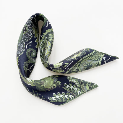 Forest Green Paisley Silk Scarf - 53cm Double-Sided Print Unisex Bandana with Hand-rolled Edges