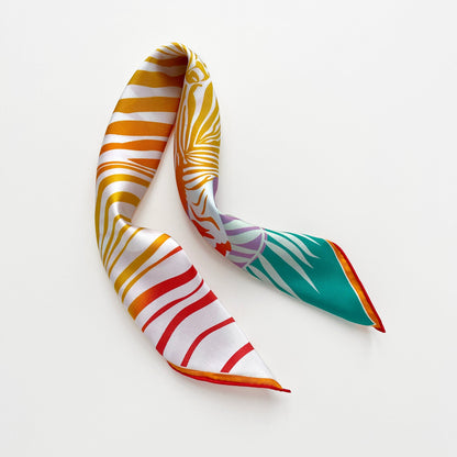 Vibrant Jungle Bloom Silk Scarf - 53cm Double-Sided Print Women's Bandana with Hand-Rolled Edges