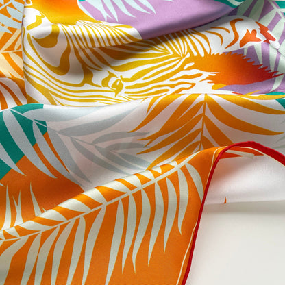 Vibrant Jungle Bloom Silk Scarf - 53cm Double-Sided Print Women's Bandana with Hand-Rolled Edges