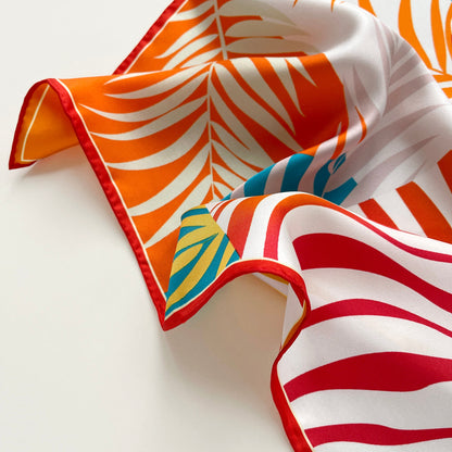 Vibrant Jungle Bloom Silk Scarf - 53cm Double-Sided Print Women's Bandana with Hand-Rolled Edges