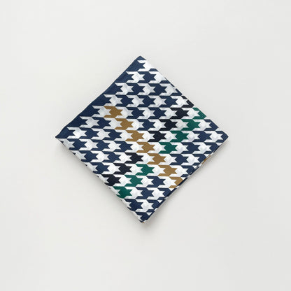 Navy Heritage Houndstooth Silk Scarf – 65cm Double-Sided Print Unisex Square with Hand-Rolled Edges
