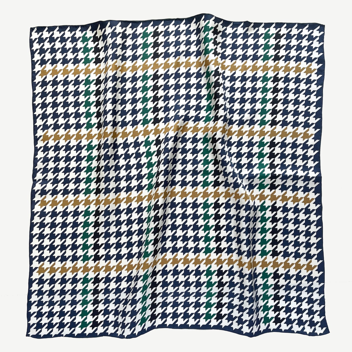 Navy Heritage Houndstooth Silk Scarf – 65cm Double-Sided Print Unisex Square with Hand-Rolled Edges