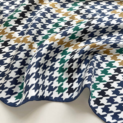 Navy Heritage Houndstooth Silk Scarf – 65cm Double-Sided Print Unisex Square with Hand-Rolled Edges