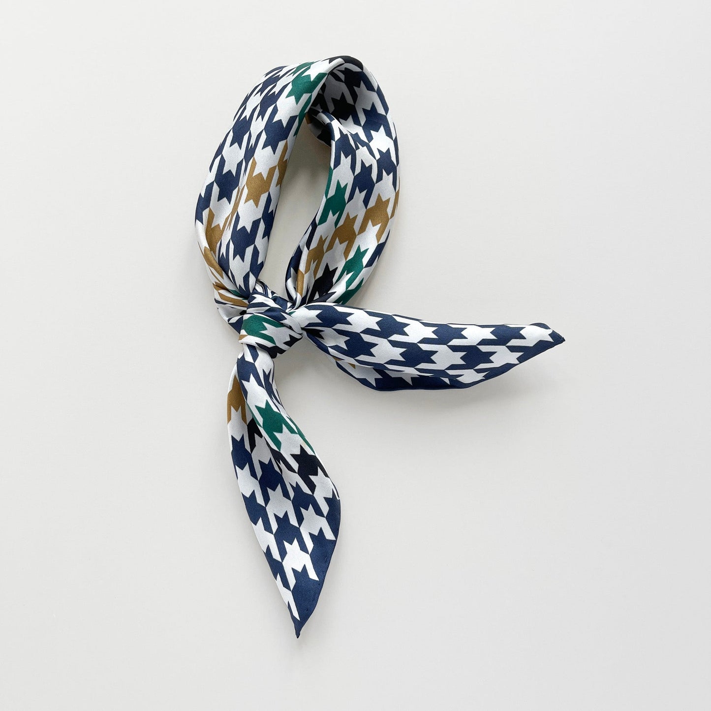 Navy Heritage Houndstooth Silk Scarf – 65cm Double-Sided Print Unisex Square with Hand-Rolled Edges
