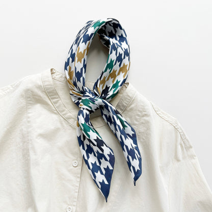 Navy Heritage Houndstooth Silk Scarf – 65cm Double-Sided Print Unisex Square with Hand-Rolled Edges