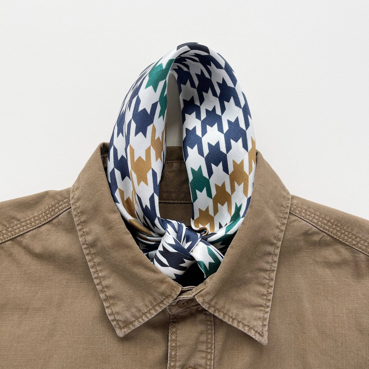Navy Heritage Houndstooth Silk Scarf – 65cm Double-Sided Print Unisex Square with Hand-Rolled Edges