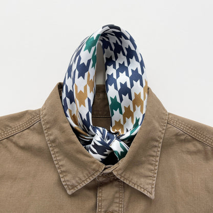 Navy Heritage Houndstooth Silk Scarf – 65cm Double-Sided Print Unisex Square with Hand-Rolled Edges
