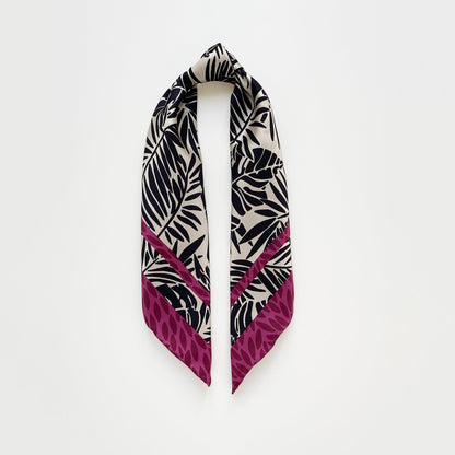 Black Beige Leafy Silk Scarf - 65cm Double-Sided Print Bandana Scarf with Hand-Rolled Edges