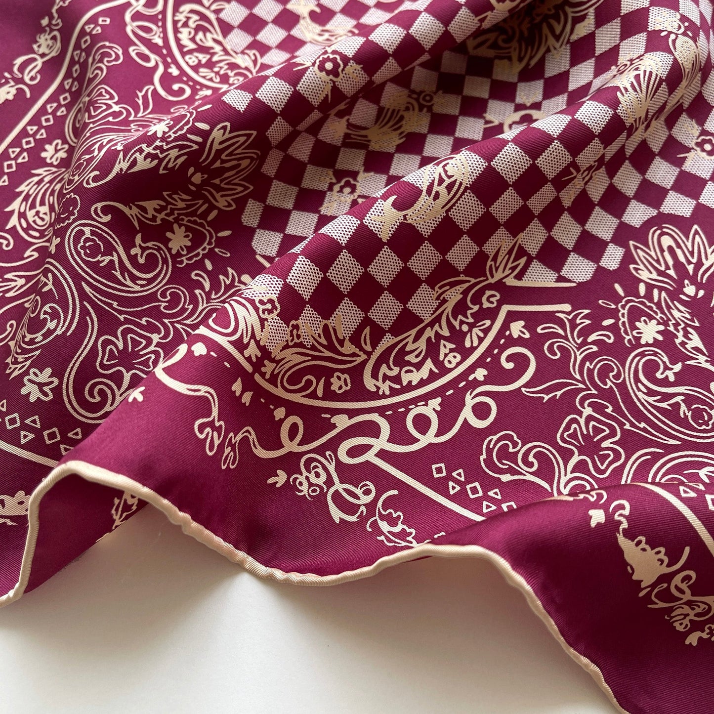 Baroque Check Silk Scarf - 53cm Hand-rolled Unisex Bandana