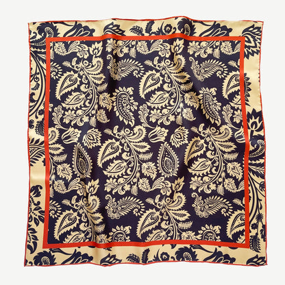 Deep Navy & Beige Regal Paisley Silk Scarf - 65cm Double-sided Print Unisex Square with Hand-rolled Edges