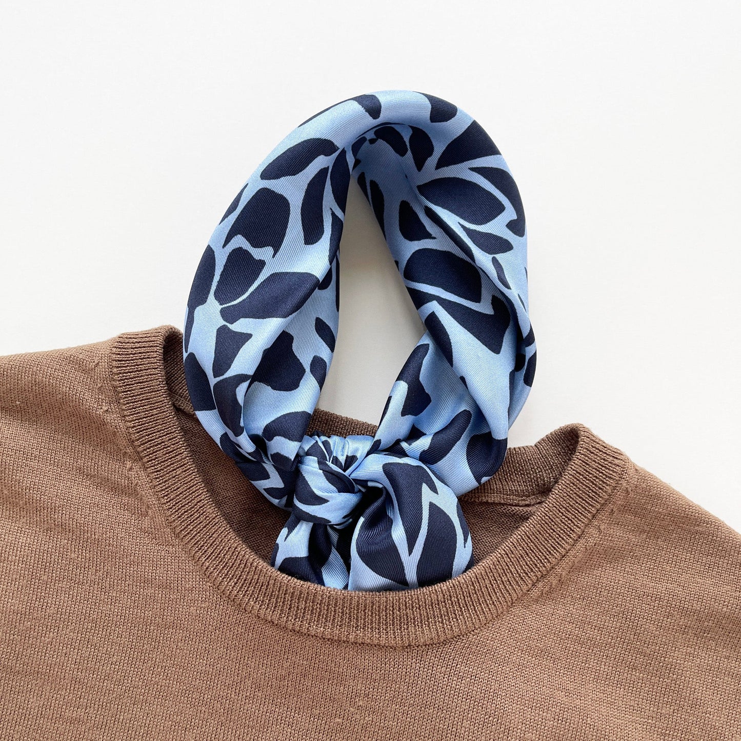 Blue Melody Silk Scarf - 65cm Double-Sided Print with Hand-Rolled Edges