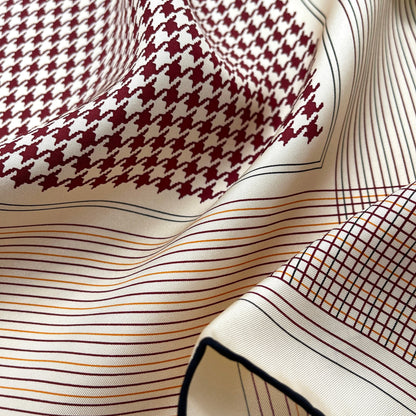 Classic Houndstooth Silk Square Scarf - 65cm Hand-rolled Bandana Scarf