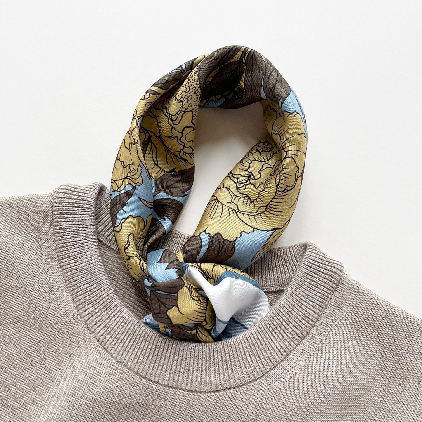 Peony Bloom Silk Scarf – 65cm Hand-Rolled Bandana Scarf
