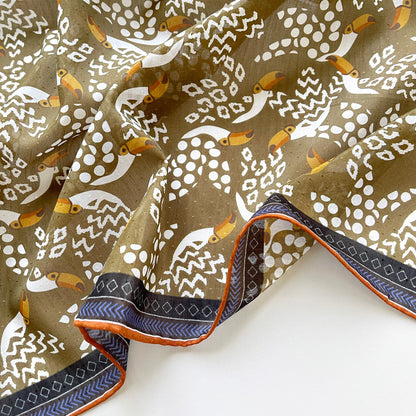 Amazon Toucan Organic Cotton-Silk Scarf - 65cm Hand-Rolled Unisex Square Bandana