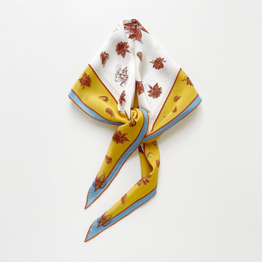 Yellow Floral Print Diamond Silk Scarf – 100% Silk Crêpe de Chine