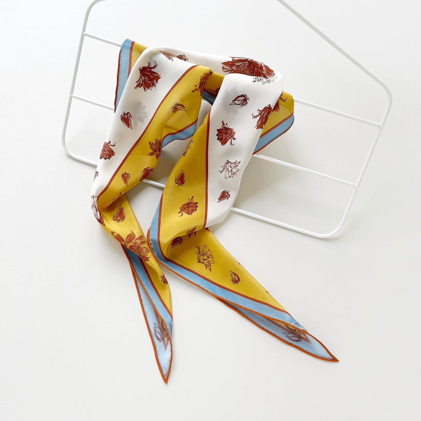 Yellow Floral Print Diamond Silk Scarf – 100% Silk Crêpe de Chine