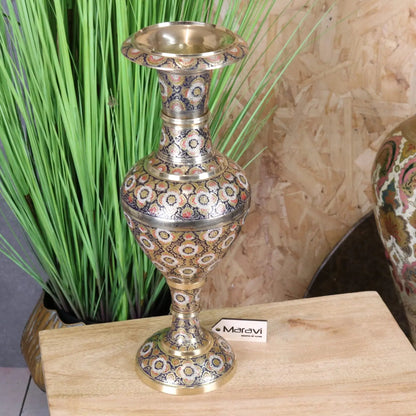 Vintage Brass Vase 42cm Hand Painted and Etched