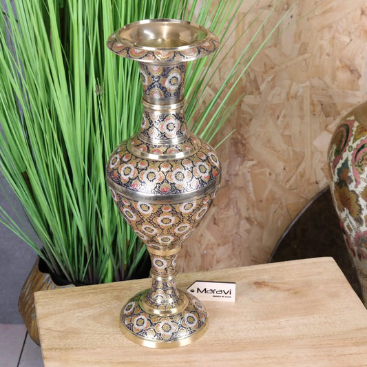 Vintage Brass Vase 42cm Hand Painted and Etched