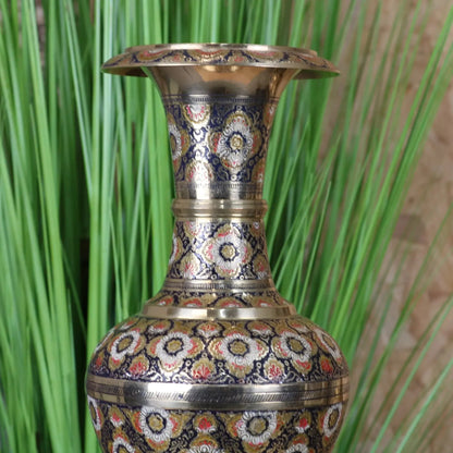 Vintage Brass Vase 42cm Hand Painted and Etched